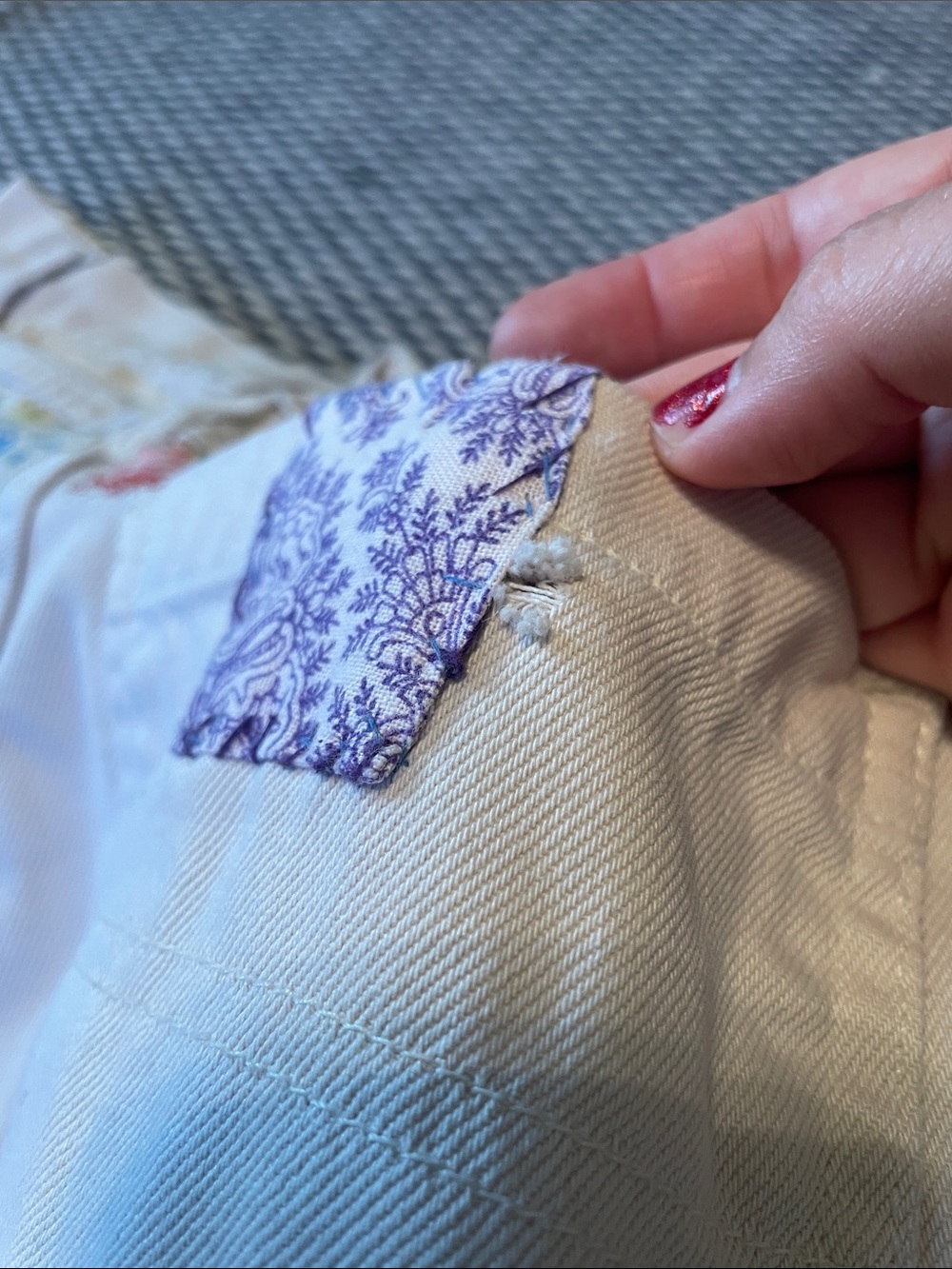 Hand stitched quilt patched denim shorts - Picture 4 of 10
